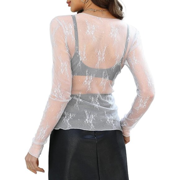 🆕 Women White Mesh Sheer Long Sleeve Tops Lace Sexy Mock Neck Shirts Layering - Picture 4 of 4